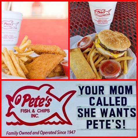 Pete's fish and chips - May 11, 2023 · Love Pete's Fish and Chips Service: Take out Meal type: Dinner Price per person: $1–10 Food: 5 Service: 5 Atmosphere: 5 Recommended dishes: Monster Burger w Cheese & 4pc Shrimp & Chips, Fish and Chips, Burger, Seafood, Plate 1 & 2 & Onion Rings, Sauce, Fish & Chips, 4 Chicken Tender Basket, Deep Fried, Fries, French Fries. Request content ... 
